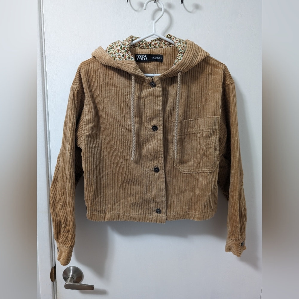 Zara Corduroy Hooded Jacket in Camel Brown